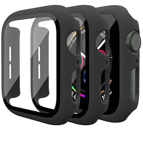 Mugust 3'lü Paket Apple Watch SE 44mm Series 6 Series 5 Series 4 Sert PC Kılıfı Temperli Cam Ekran Koruyucu Su Geçirmez Çizilmeye Dayanıklı Ultra İnce Koruyucu Kılıf iWatch 44mm (Siyah) - 1