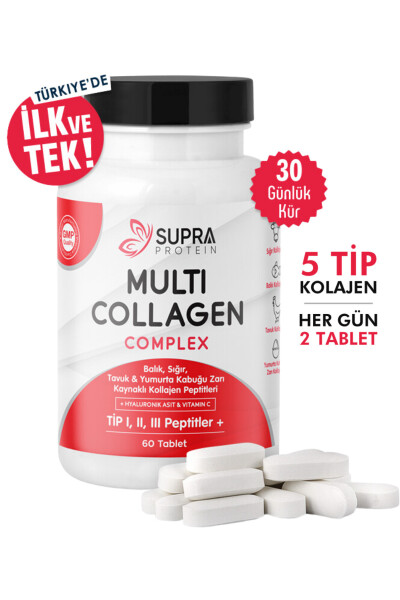 Multi Collagen Complex 60 Tablets - 5 Types of Collagen Blend + Hyaluronic Acid & Vitamin C - 13