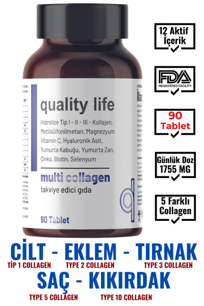 Multi Kolajen 90 Tablet - Tip 1-2-3-5-10 Kolajen MSM Magnezyum C Vitamini Yumurta Kabuğu Zarı Çinko - 1