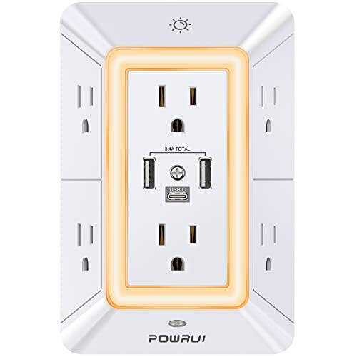 Multi Plug Outlet Surge Protector - POWRUI 6 Outlet Extender with 3 USB Ports (1 USB C) and Night Light, 3-Sided Power Strip with Adapter Spaced Outlets - White, ETL Listed - 1