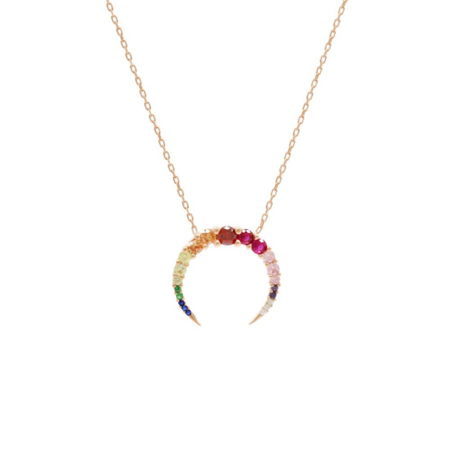 Multicolor Zircon Stone Crescent Design Rose Gold Plated 925 Sterling Silver Women's Necklace - 11