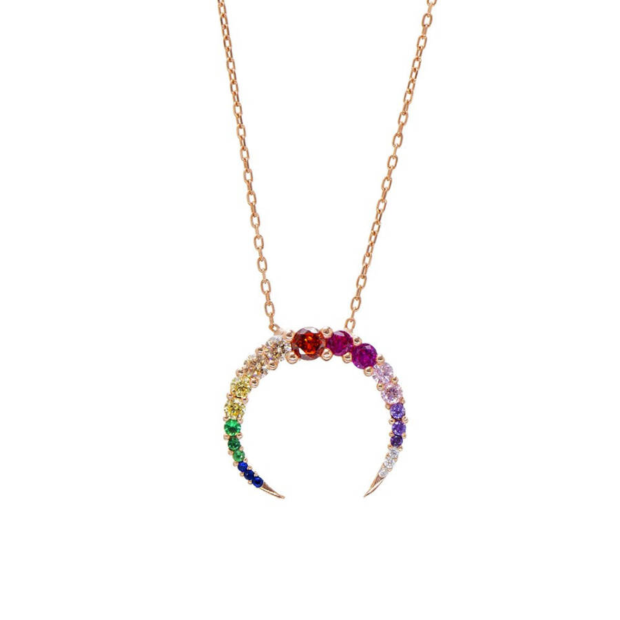 Multicolor Zircon Stone Crescent Design Rose Gold Plated 925 Sterling Silver Women's Necklace - 12