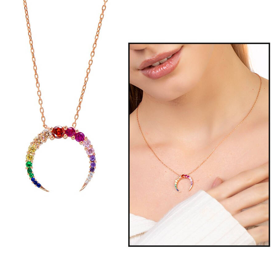 Multicolor Zircon Stone Crescent Design Rose Gold Plated 925 Sterling Silver Women's Necklace - 13