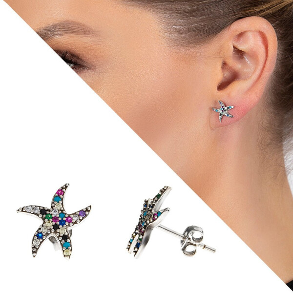 Multicolor Zircon Stone Starfish Design 925 Sterling Silver Women's Earrings - 10