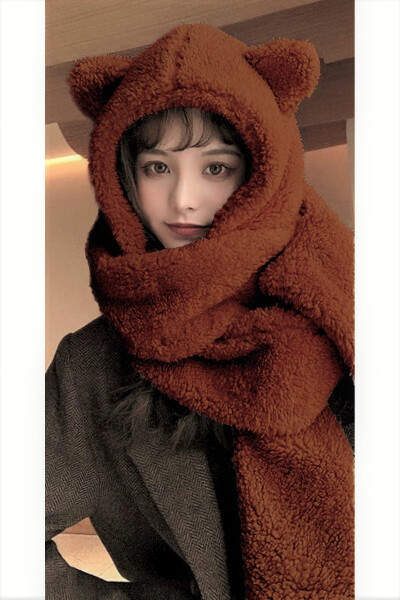 Multifunctional Korean Style Plush Earmuff Hoodie Hat Winter Women Scarf Neck Warmer Shawl - 1