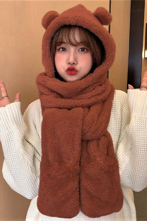 Multifunctional Korean Style Plush Earmuff Hoodie Hat Winter Women Scarf Neck Warmer Shawl - 2