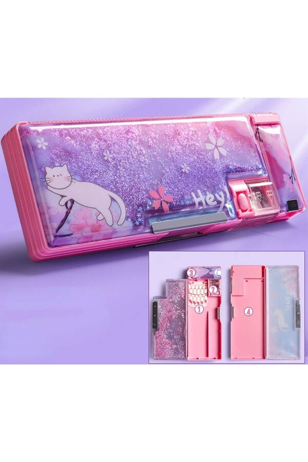 Multifunctional Pencil Case with Cat Embroidered Pink - 1