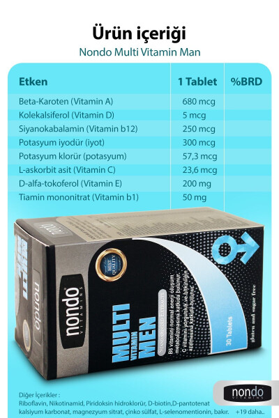 Multivitamin Erkek 30 Tablet (A,B1,B2,B3,B6,B7,B12,C,D,E,H VİTAMİNLERİ, PANAX GİNSENG, SAW PALMETTO) - 7