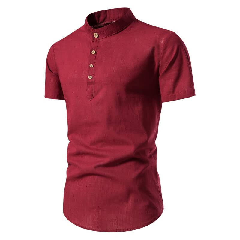 Muscularfit Mens Henley Casual Loose Fit Cotton Linen Shirt Summer Light Weight Short Sleeve Solid Color Button Polo T Shirts - 1