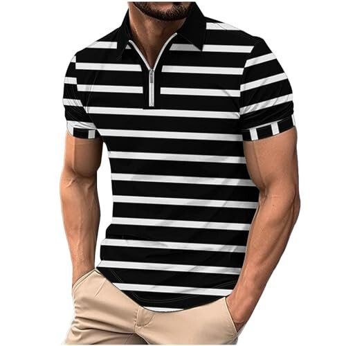 Muscularfit Mens T-Shirts Graphic Tees Big and Tall Quarter Zipper Short Sleeve Plaid Polo Shirt Summer Causal Loose Pullover - 1