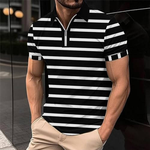 Muscularfit Mens T-Shirts Graphic Tees Big and Tall Quarter Zipper Short Sleeve Plaid Polo Shirt Summer Causal Loose Pullover - 2