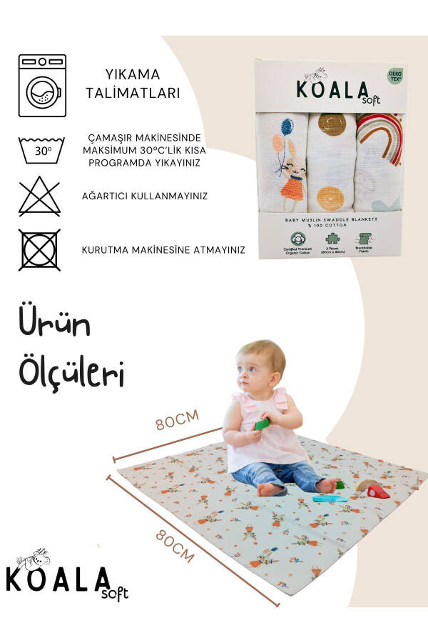 Müslin Battaniye 3'lü Set (80X80CM) | oeko-tex Müslin Kumaş | Yenidoğan Bebek İçin Yumuşak Havlu, kundak - 18