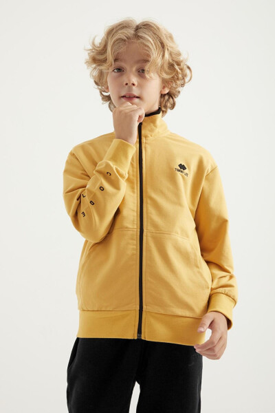 Mustard Basic Stand Collar Standard Fit Embroidered Detail Zippered Men's Sweatshirt - 11012 - 9