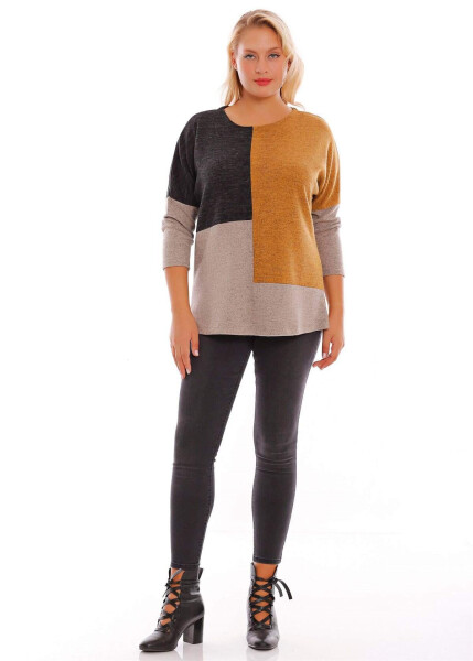 Mustard knit blouse with a large size, low sleeves and asymmetric cut. - 1