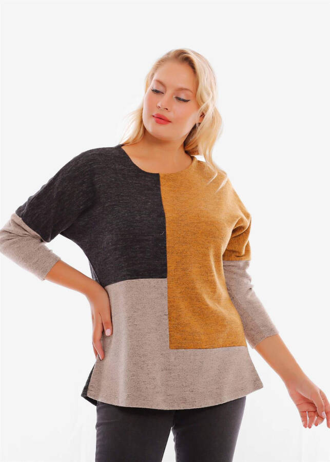 Mustard knit blouse with a large size, low sleeves and asymmetric cut. - 3