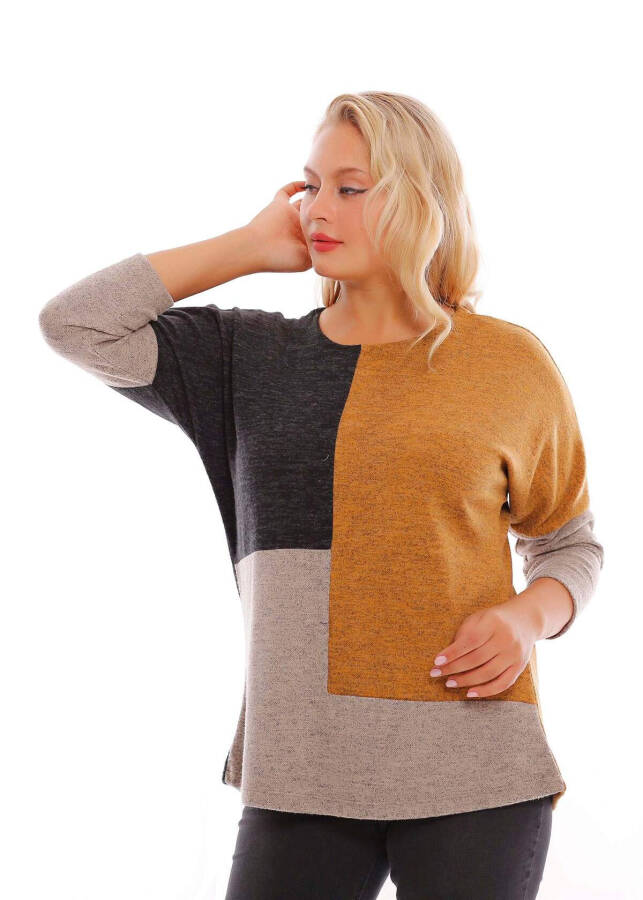 Mustard knit blouse with a large size, low sleeves and asymmetric cut. - 4