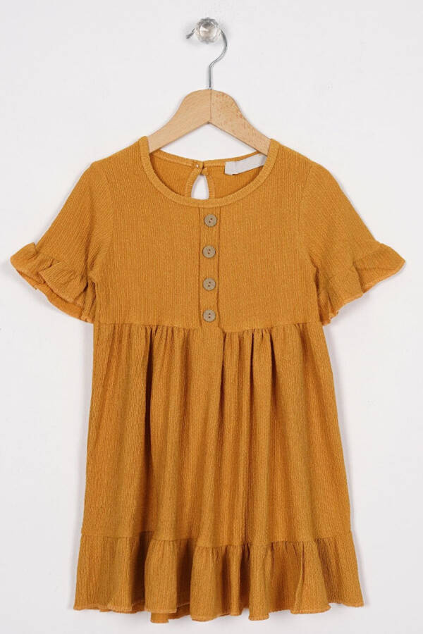 Mustard Yellow Girls' Dress with Peter Pan Collar, Short Sleeves, Ruffles and Buttons - 1