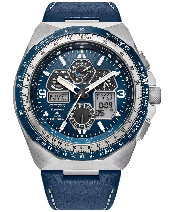 Мужские часы Eco-Drive Chronograph Promaster Skyhawk с синим кожаным ремешком 46 мм синий - 3