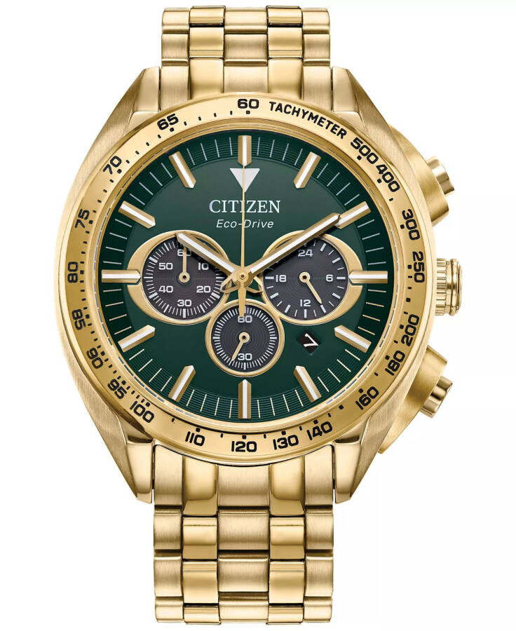 Мужские часы Eco-Drive Chronograph Sport Luxury Gold-Tone Stainless Steel Bracelet 43mm Green - 1