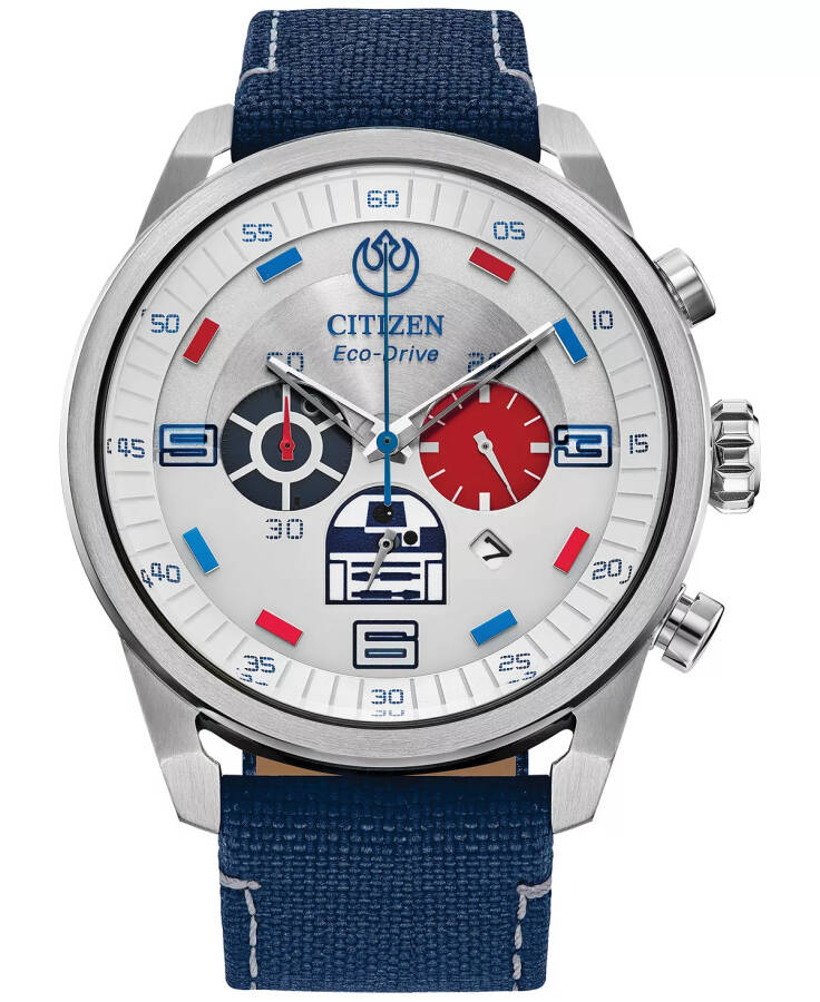 Мужские часы Eco-Drive Chronograph Star Wars R2-D2 с синим нейлоновым ремешком 45 мм синего цвета - 1