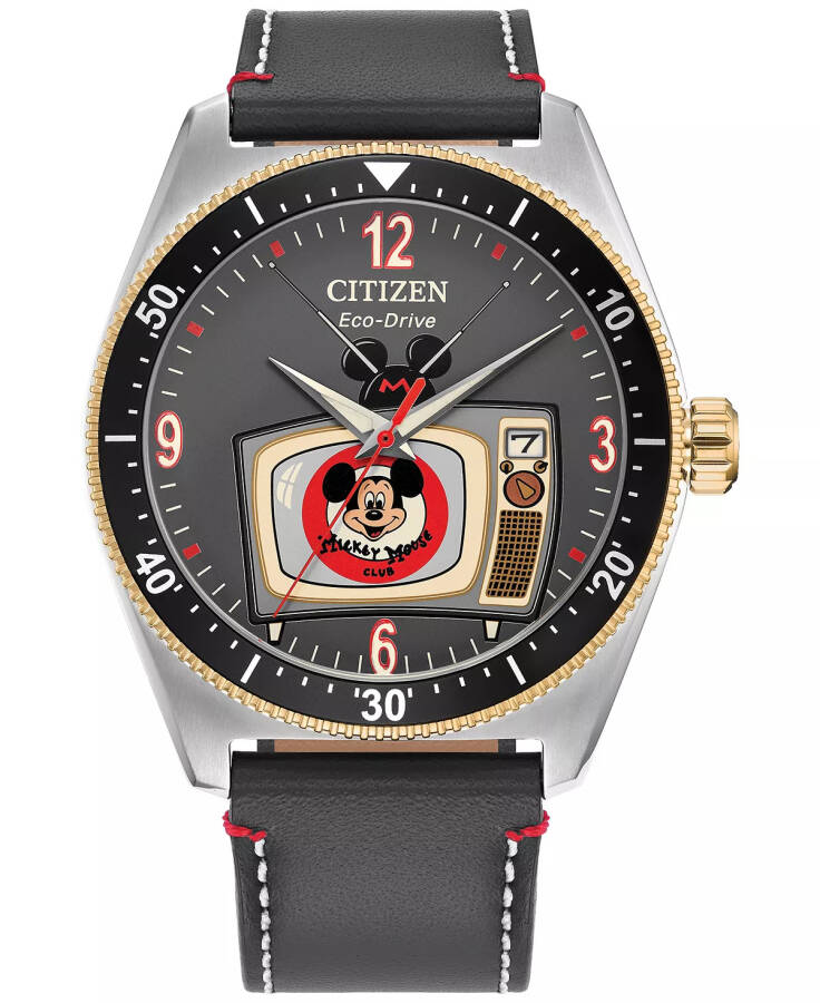 Мужские часы Eco-Drive Mickey Mouse Club с серым кожаным ремешком 42 мм, подарочный набор, серый - 1