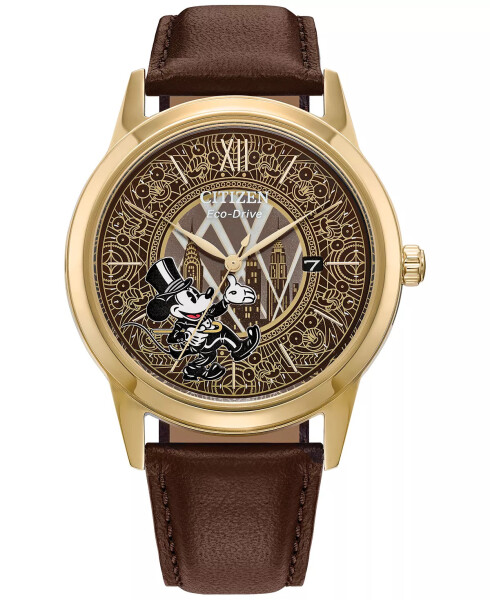 Мужские часы Eco-Drive Mickey Mouse Fanfare с коричневым кожаным ремешком 40 мм, подарочный набор без цвета - 1