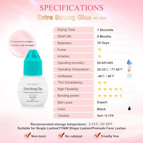 NAGARAKU Extra Strong Eyelash Extension Glue 1s Drying Retention 30 Days 0.17fl Black Lashes Adhesive Gentler Stronger Low Fume Slightly Irritant Storage time 8 Months Professional Use Only - 3