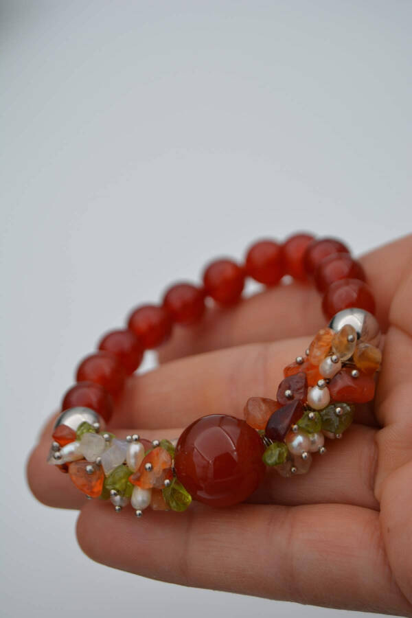 Natural Stone Bracelet Agate and Pearl Special Design Handmade - 3