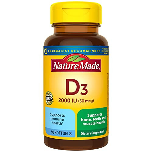 Nature Made D3 Vitamini 2000 IU (50 mcg), Suyak, tish, mushak va immunitet salomatligini qo'llab-quvvatlovchi oziq-ovqat qo'shimchasi, 90 yumshoq jelatinli kapsula, 90 kunlik ta'minot - 1