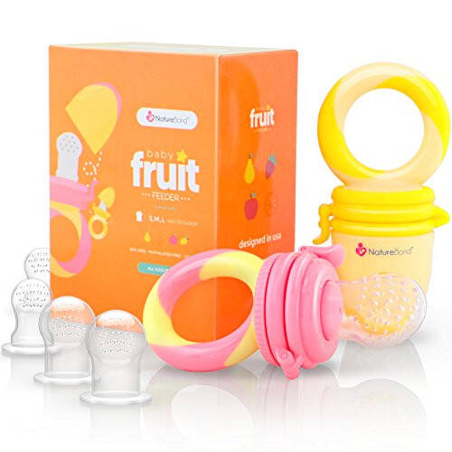 NatureBond Baby Food Feeder/Fruit Feeder Pacifier Nibbler (2 Pack) - Infant Teething Toy Teether Weaning in Appetizing Colors | + Additional Silicone Sacs - 1