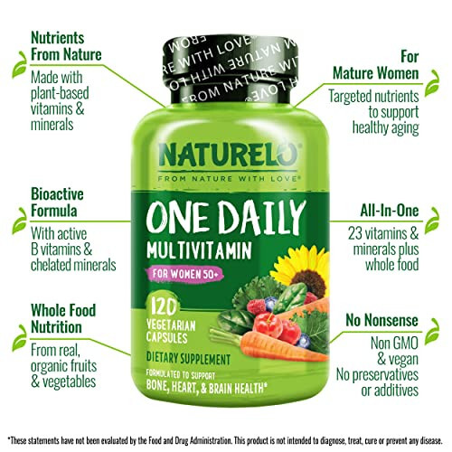 NATURELO One Daily Multivitamin for Women 50+ (Iron Free) - Menopause Support for Women Over 50 - Whole Food Supplement - Non-GMO - No Soy - 120 Capsules - 4 Month Supply - 4