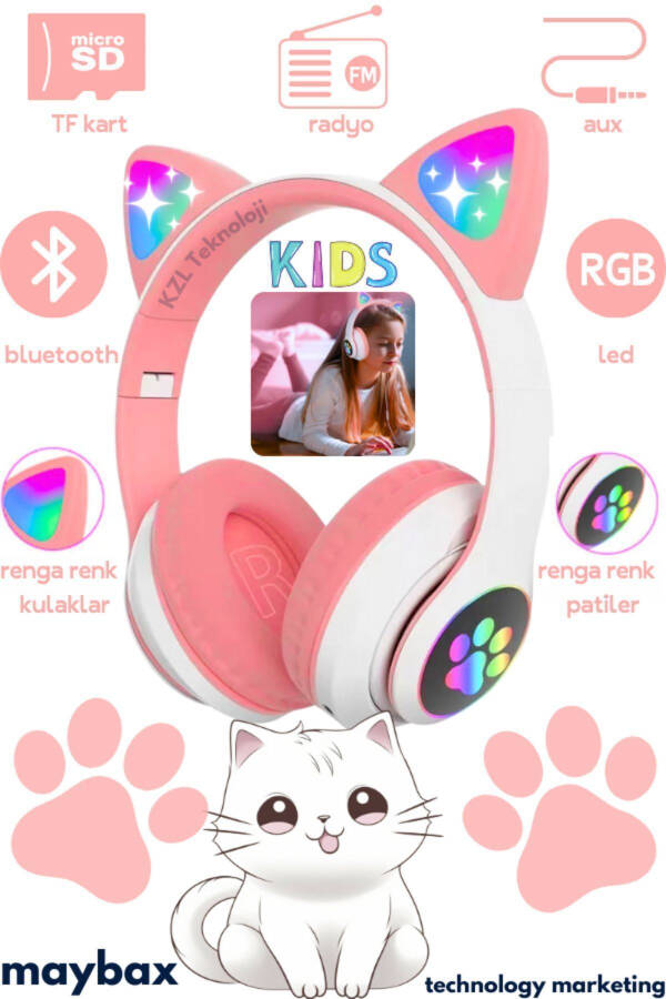 Наушники Bluetooth A Quality Vilya Cat Ear с подробной совместимостью, без проводов, для детей-геймеров - 25