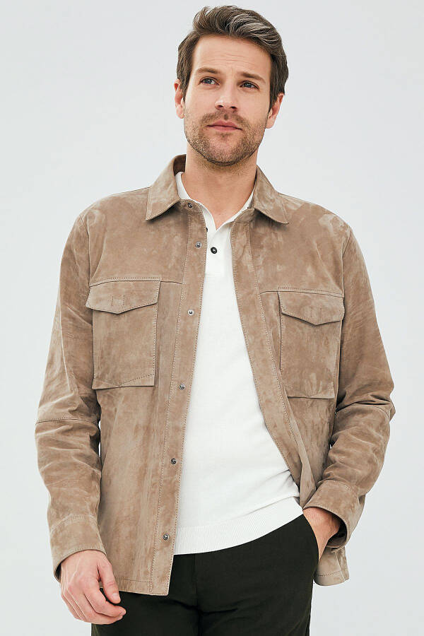 Navas Men's Beige Shirt Style Suede Leather Jacket 23sgd648310 - 7