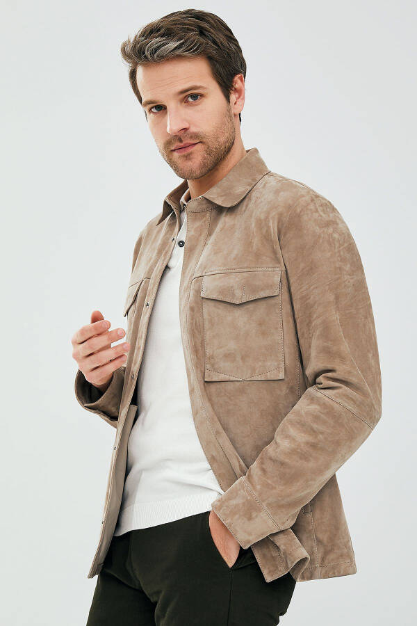 Navas Men's Beige Shirt Style Suede Leather Jacket 23sgd648310 - 8