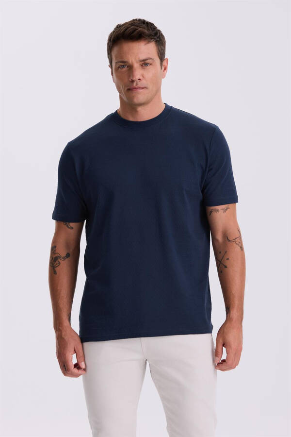 Navy Blue 100% Cotton Patterned Crew Neck T-Shirt - 1