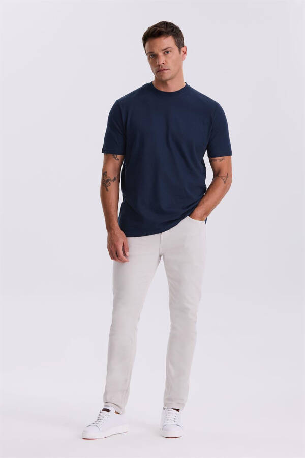 Navy Blue 100% Cotton Patterned Crew Neck T-Shirt - 2