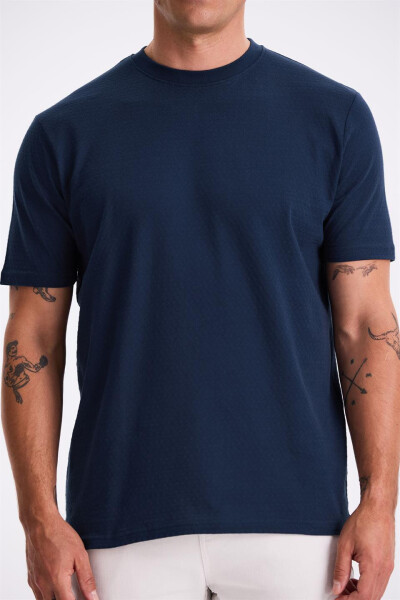 Navy Blue 100% Cotton Patterned Crew Neck T-Shirt - 3