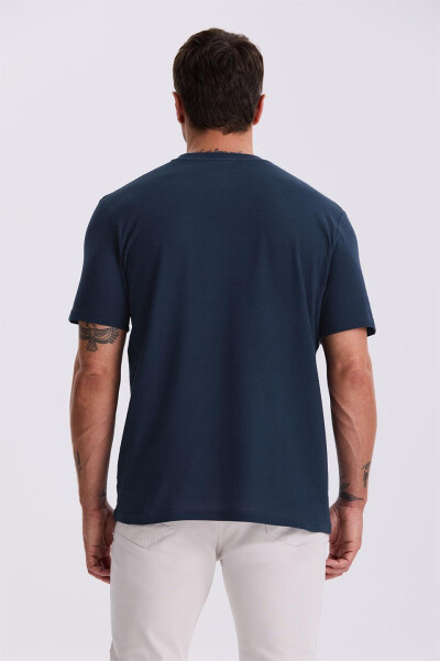 Navy Blue 100% Cotton Patterned Crew Neck T-Shirt - 4