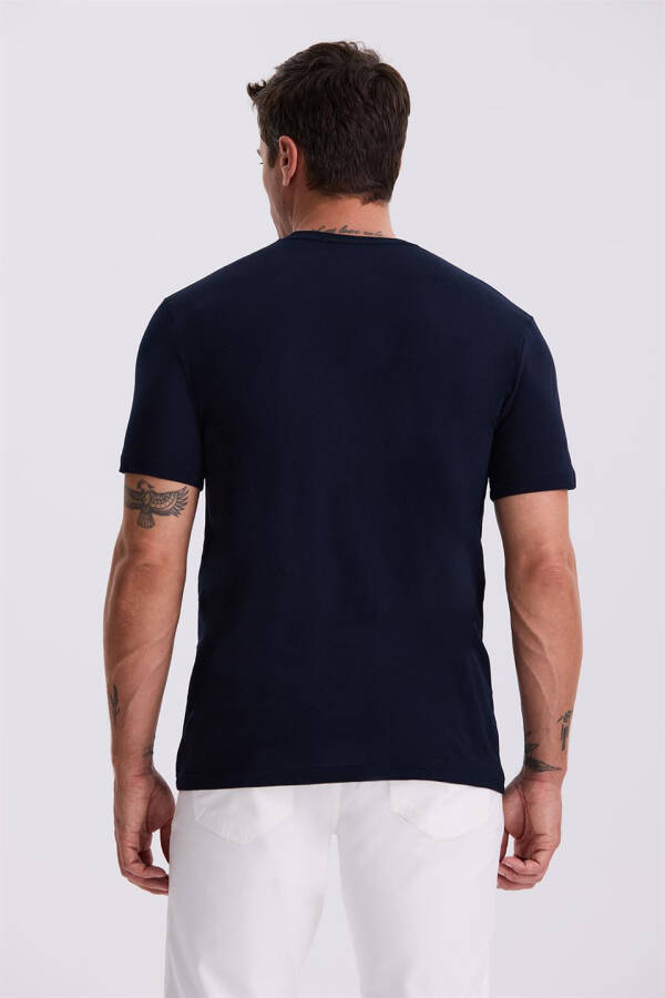 Navy Blue 100% Cotton Slim Fit Crew Neck Basic T-Shirt - 4