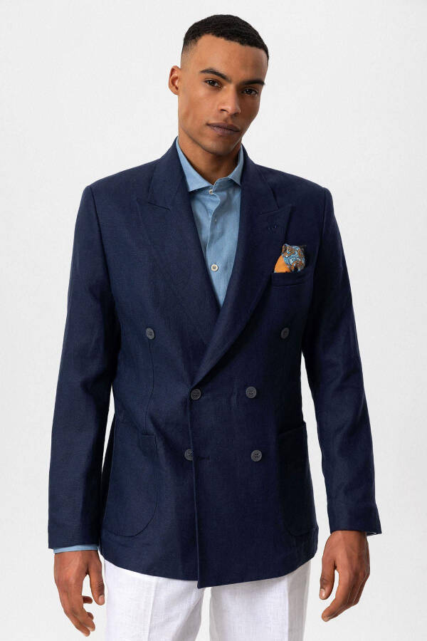 Navy Blue 100% Linen Double-Breasted Men's Blazer Jacket - 13