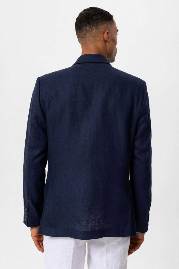 Navy Blue 100% Linen Double-Breasted Men's Blazer Jacket - 17