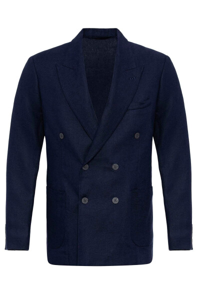 Navy Blue 100% Linen Double-Breasted Men's Blazer Jacket - 18