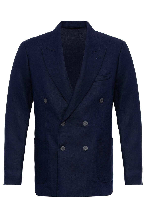 Navy Blue 100% Linen Double-Breasted Men's Blazer Jacket - 18