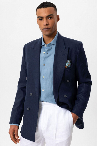 Navy Blue 100% Linen Double-Breasted Men's Blazer Jacket - 8