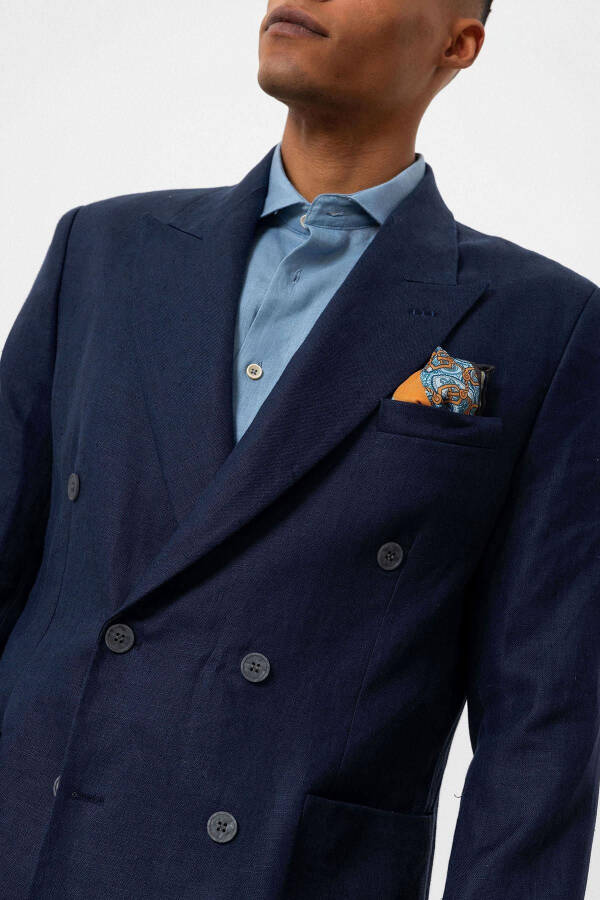 Navy Blue 100% Linen Double-Breasted Men's Blazer Jacket - 10