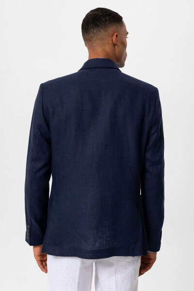 Navy Blue 100% Linen Double-Breasted Men's Blazer Jacket - 5