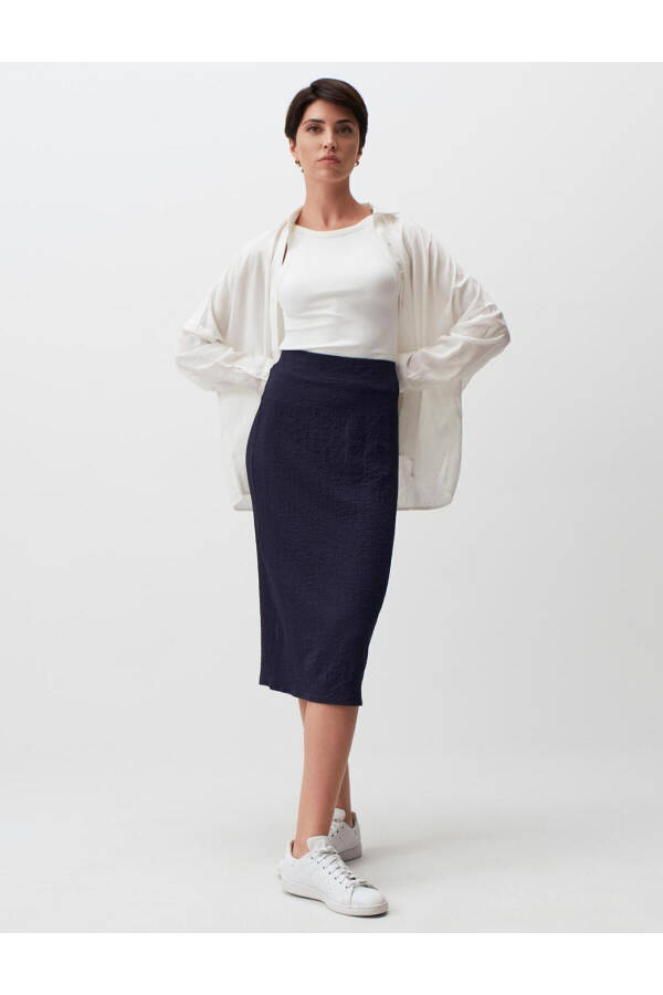 Navy Blue Basic Midi Skirt with Normal Waist - 19