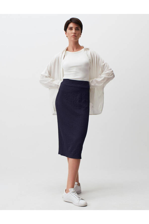 Navy Blue Basic Midi Skirt with Normal Waist - 13