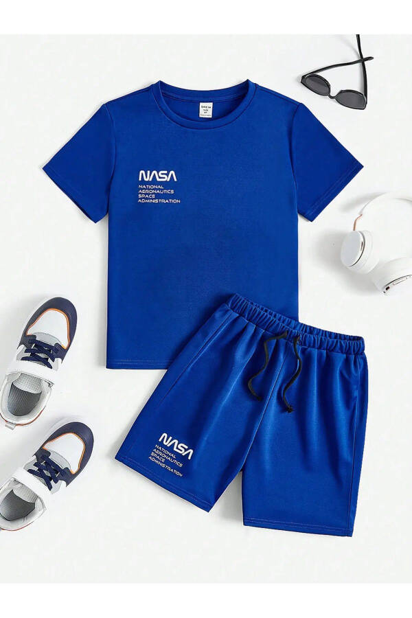 Navy Blue Children's NASA Printed Shorts Set - 1