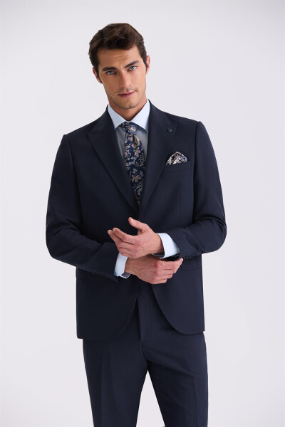 Navy Blue Classic Fit Pointed Collar Wool Suit Dress - 2